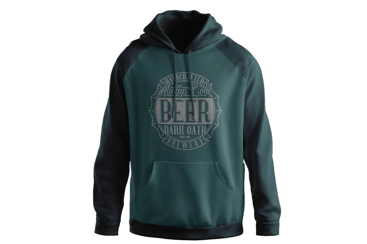 Forest green hoodie with vintage beer logo, representing retro-inspired and dark-toned hoodie styles for men.