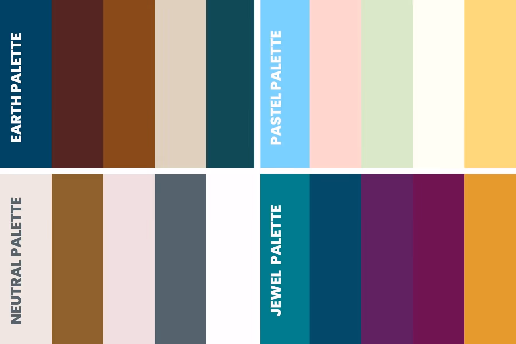 Color palettes for 2025 hoodie designs – Earth, Pastel, Neutral, and Jewel tones trending in print-on-demand fashion.