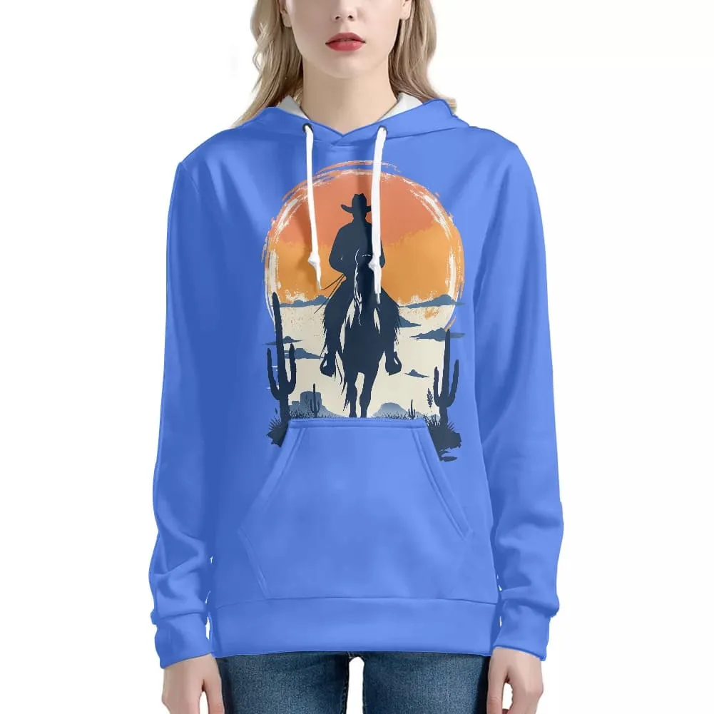 Cowboy and sunset-themed hoodie in bright blue, inspired by Western motifs and outdoor lifestyle design trends.