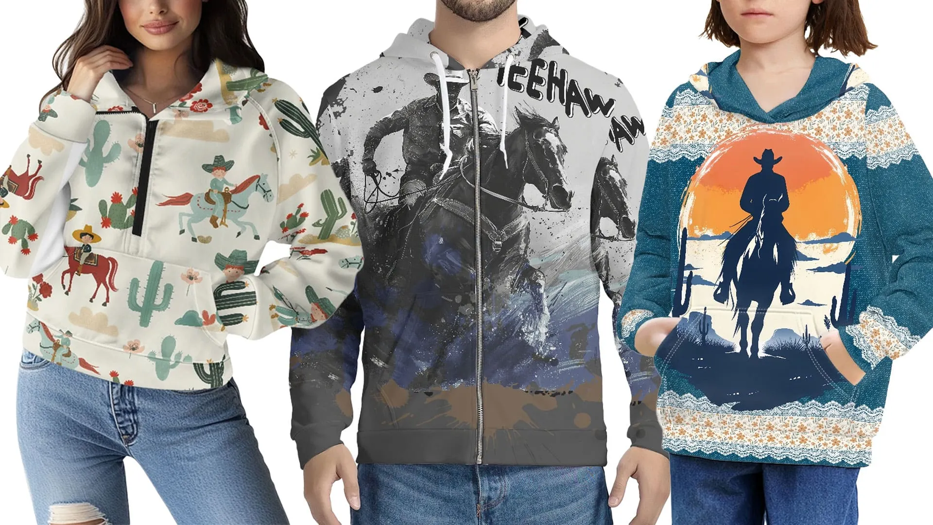 Western-themed hoodie collection featuring cowboy and rodeo designs in multiple colors for 2025 POD apparel.