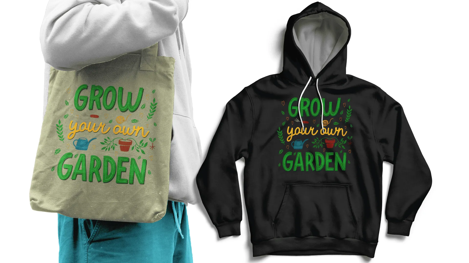 Matching eco-themed hoodie and tote bag with ‘Grow Your Own Garden’ design promoting sustainability in POD fashion.