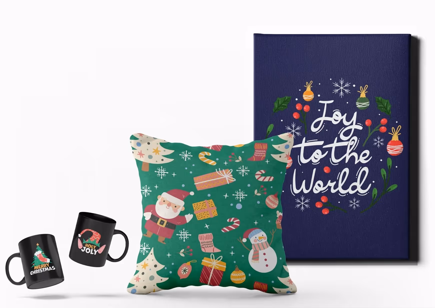 Christmas home decor print-on-demand items including mugs, festive pillow, and wall art featuring holiday designs.