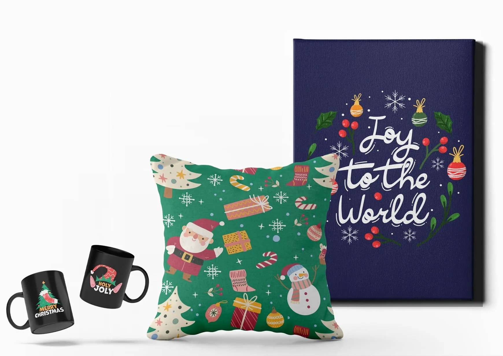 Christmas home decor print-on-demand items including mugs, festive pillow, and wall art featuring holiday designs.