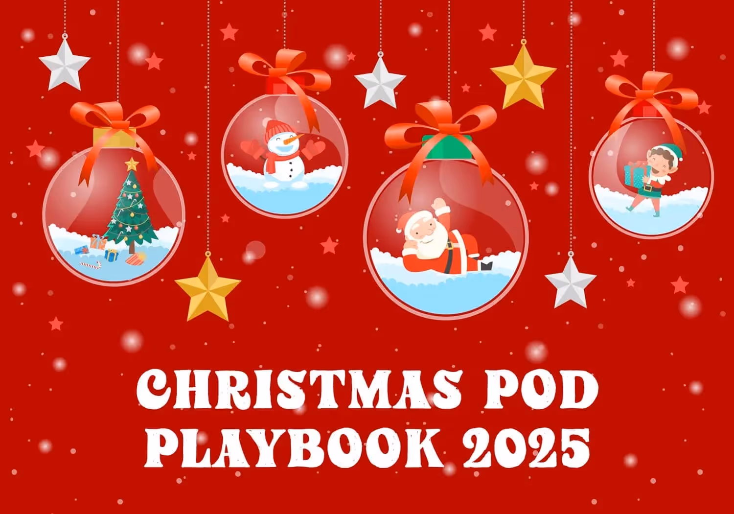 Christmas POD Playbook 2025 cover image featuring festive ornaments with Santa, snowman, and Christmas tree on a red background.