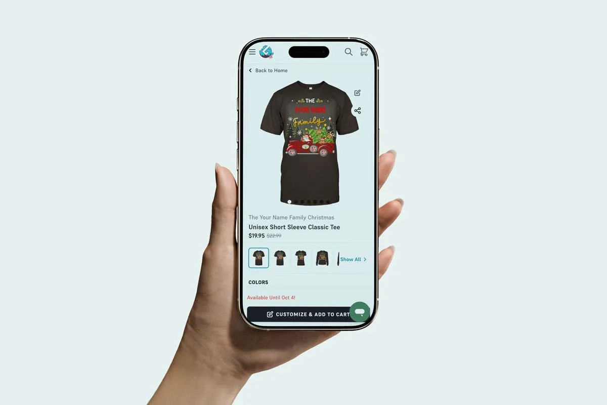 A person browsing a Christmas family T-shirt design on the GearLaunch mobile store, highlighting print-on-demand holiday products.