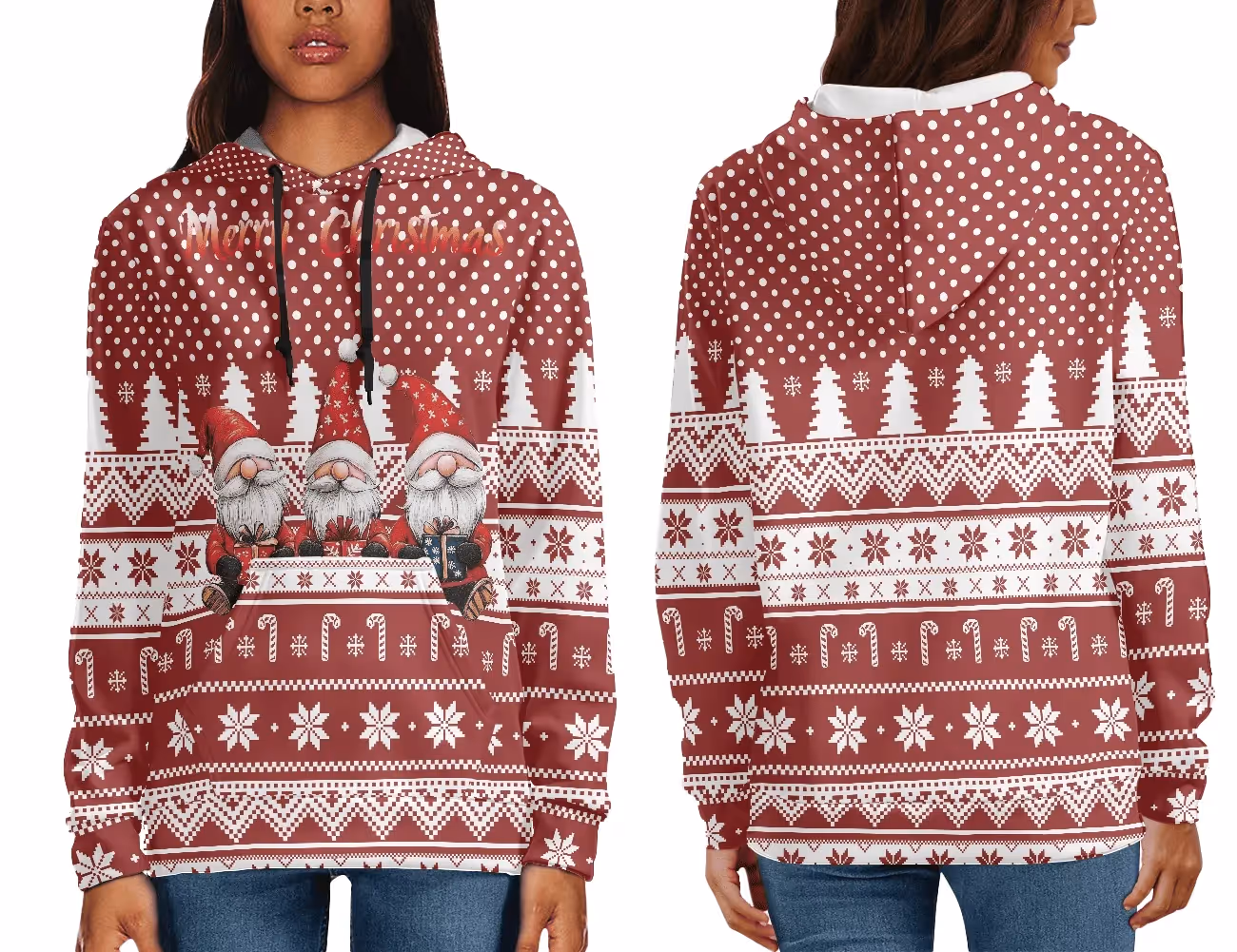 Woman wearing matching Christmas hoodies with gnome pattern and snowflake prints, part of a holiday clothing collection.