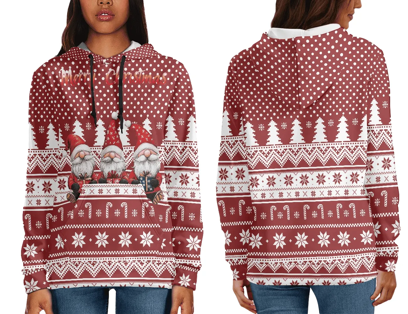 Woman wearing matching Christmas hoodies with gnome pattern and snowflake prints, part of a holiday clothing collection.