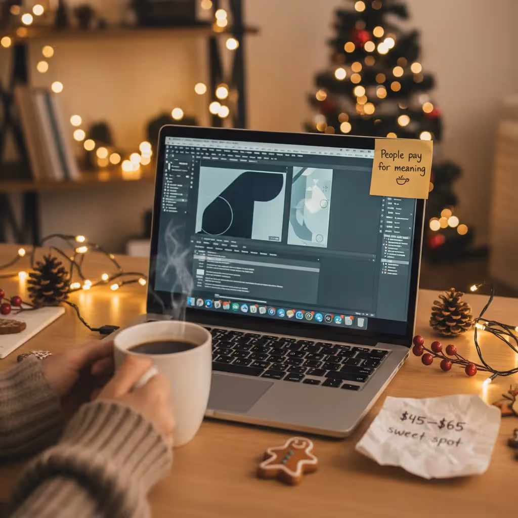 Designer working on laptop during Christmas season with coffee and note reading ‘People pay for meaning’ — illustrating personalized gift design process