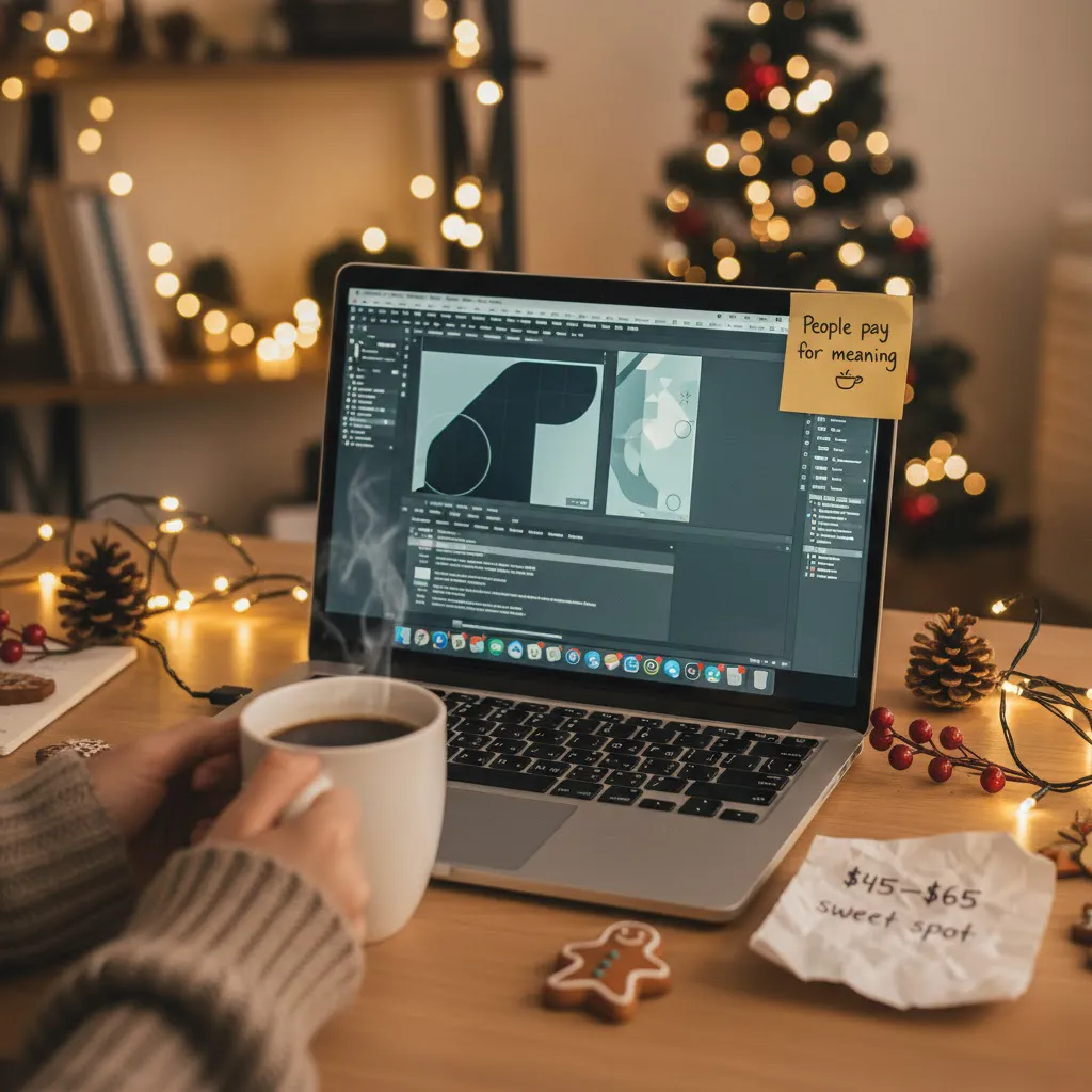 Designer working on laptop during Christmas season with coffee and note reading ‘People pay for meaning’ — illustrating personalized gift design process