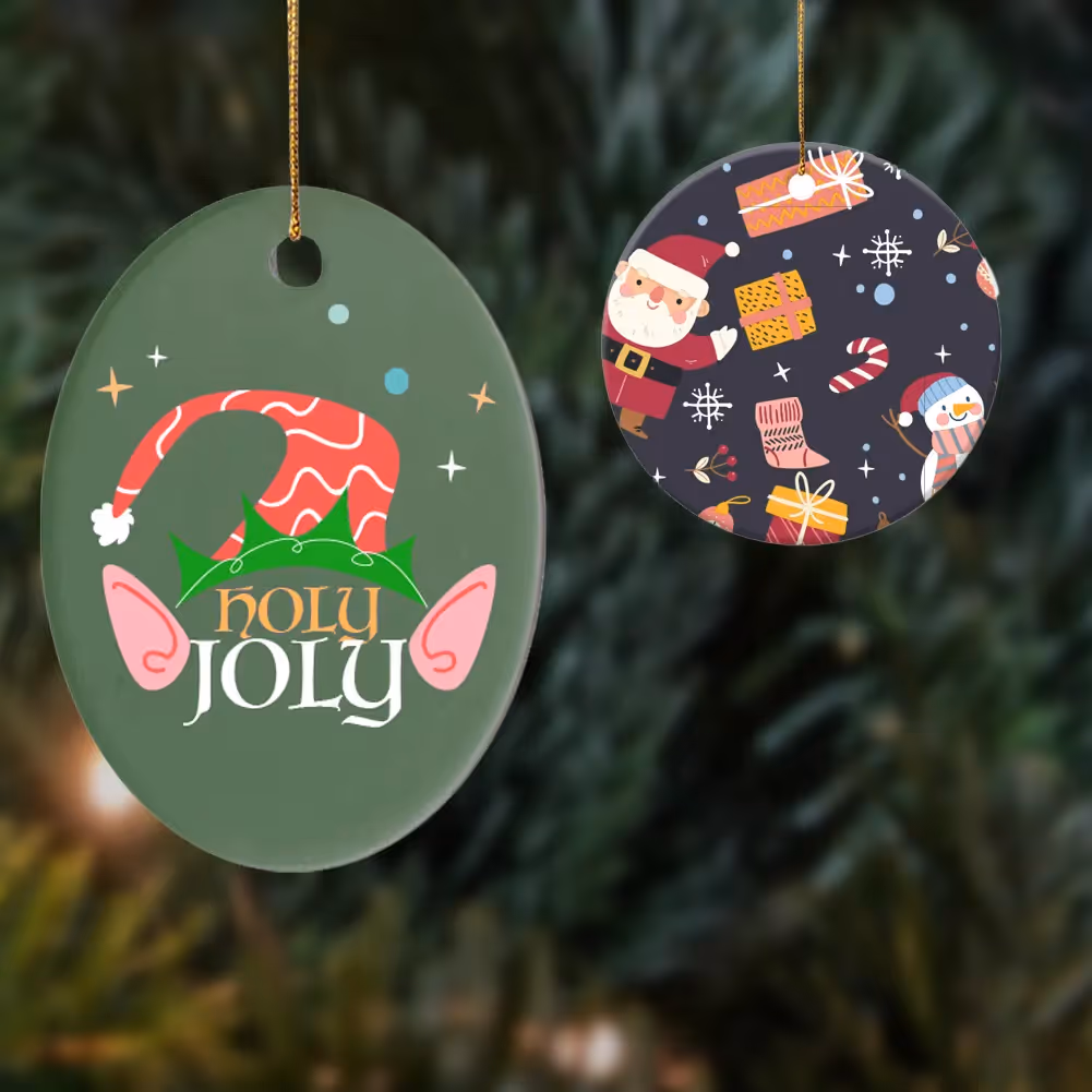 Two custom Christmas ornaments with festive designs — one green with elf hat reading ‘Holly Jolly’ and one round ornament with Santa pattern
