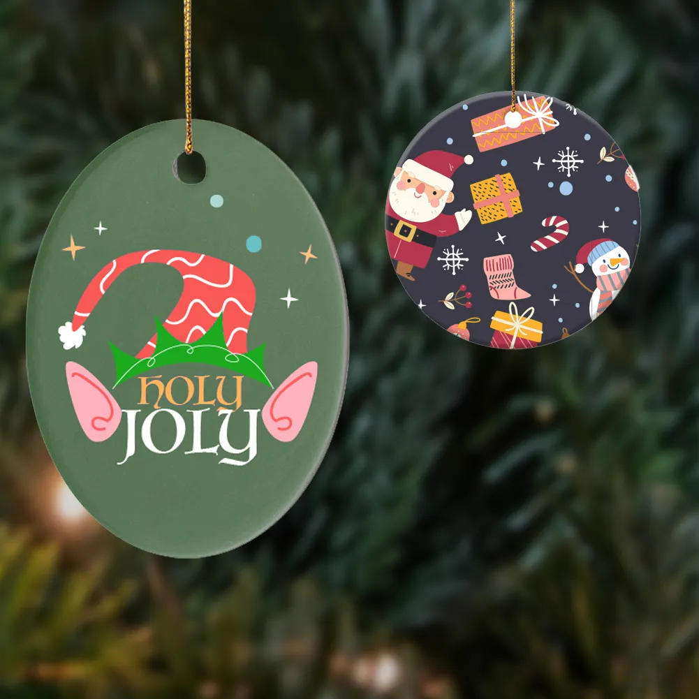 Two custom Christmas ornaments with festive designs — one green with elf hat reading ‘Holly Jolly’ and one round ornament with Santa pattern