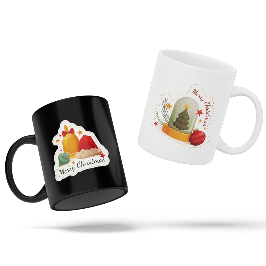 Two Christmas mugs — black and white — with ‘Merry Christmas’ designs, symbolizing custom mug gift ideas for Q4