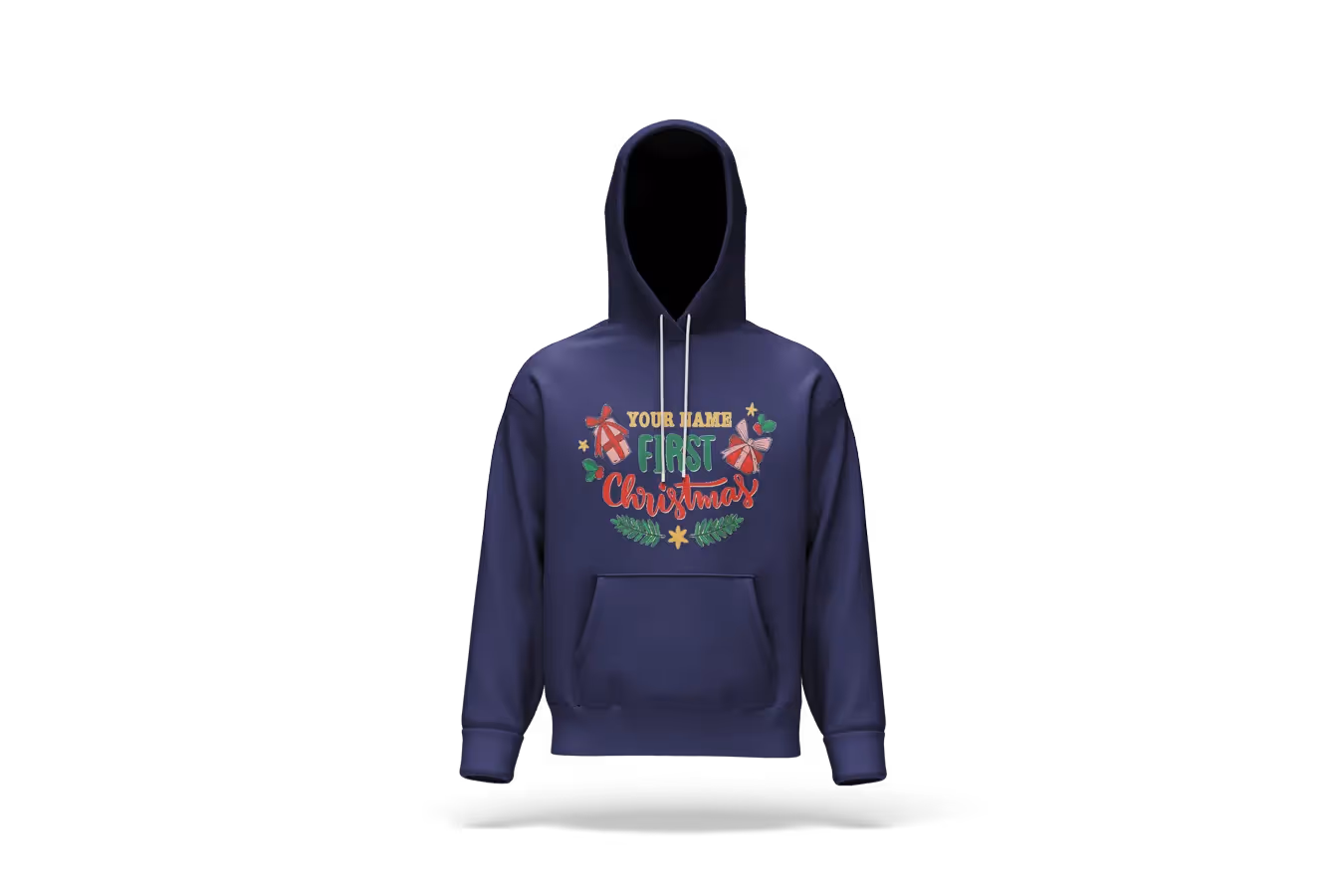 Navy blue personalized hoodie with text ‘Your Name First Christmas’ surrounded by festive graphics