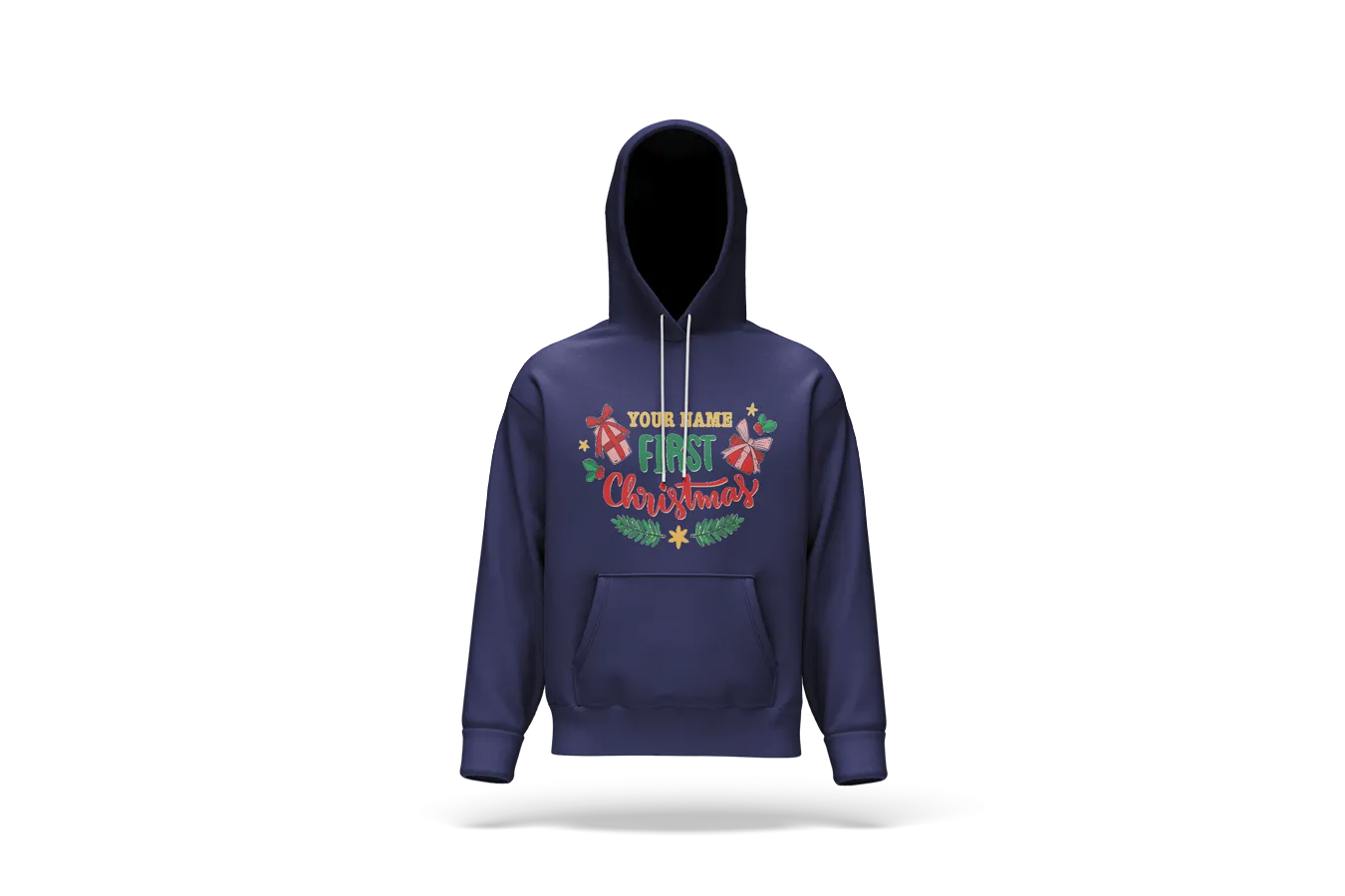 Navy blue personalized hoodie with text ‘Your Name First Christmas’ surrounded by festive graphics