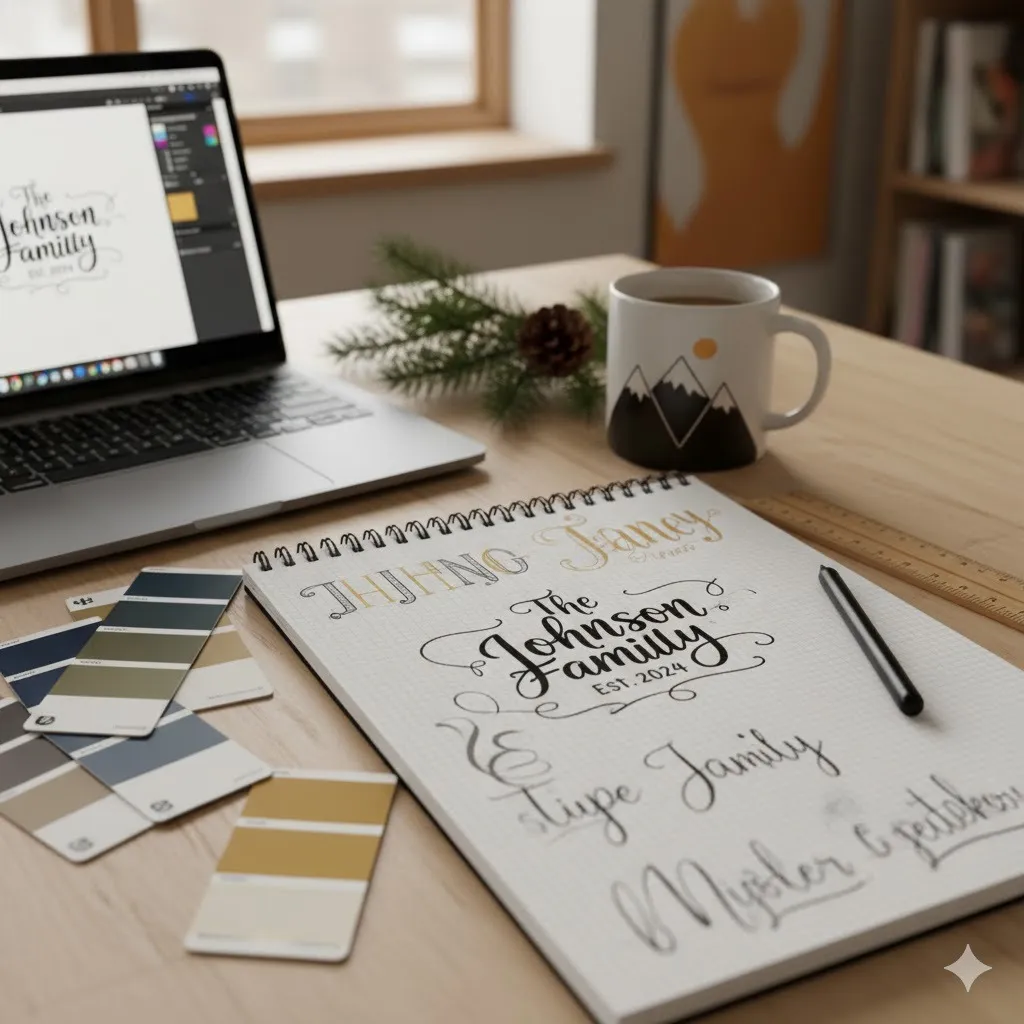 Close-up of designer’s workspace with custom typography ‘The Johnson Family – Est. 2024’ sketch, color palette, and coffee mug — representing personalization concept.