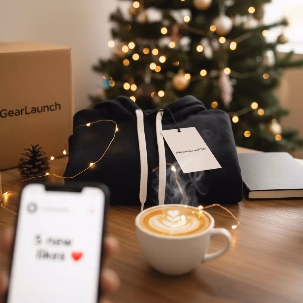 GearLaunch package, hoodie, coffee cup, and smartphone on wooden table with Christmas lights — illustrating personalized gift fulfillment during holidays