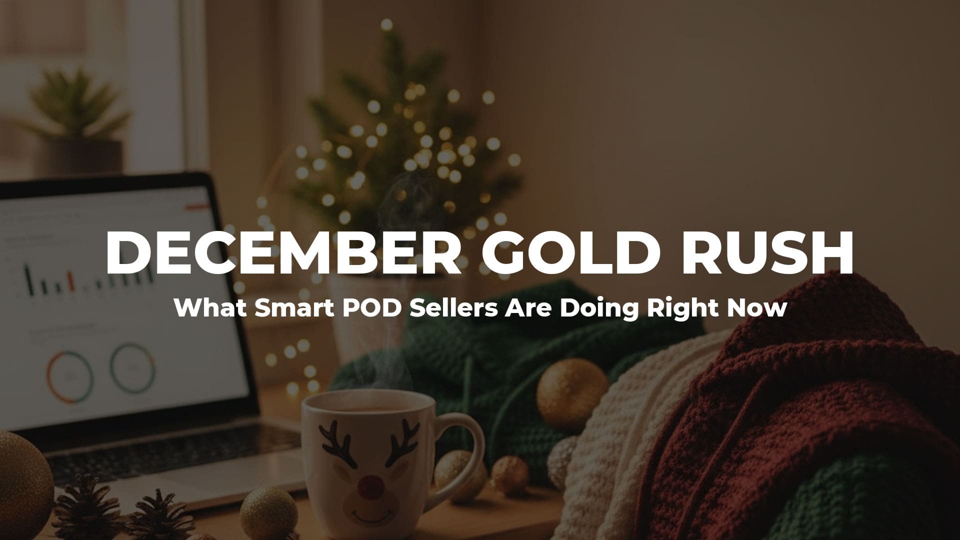 December Gold Rush blog cover with holiday lights, laptop showing sales charts, and a Christmas mug — representing Q4 success for POD sellers