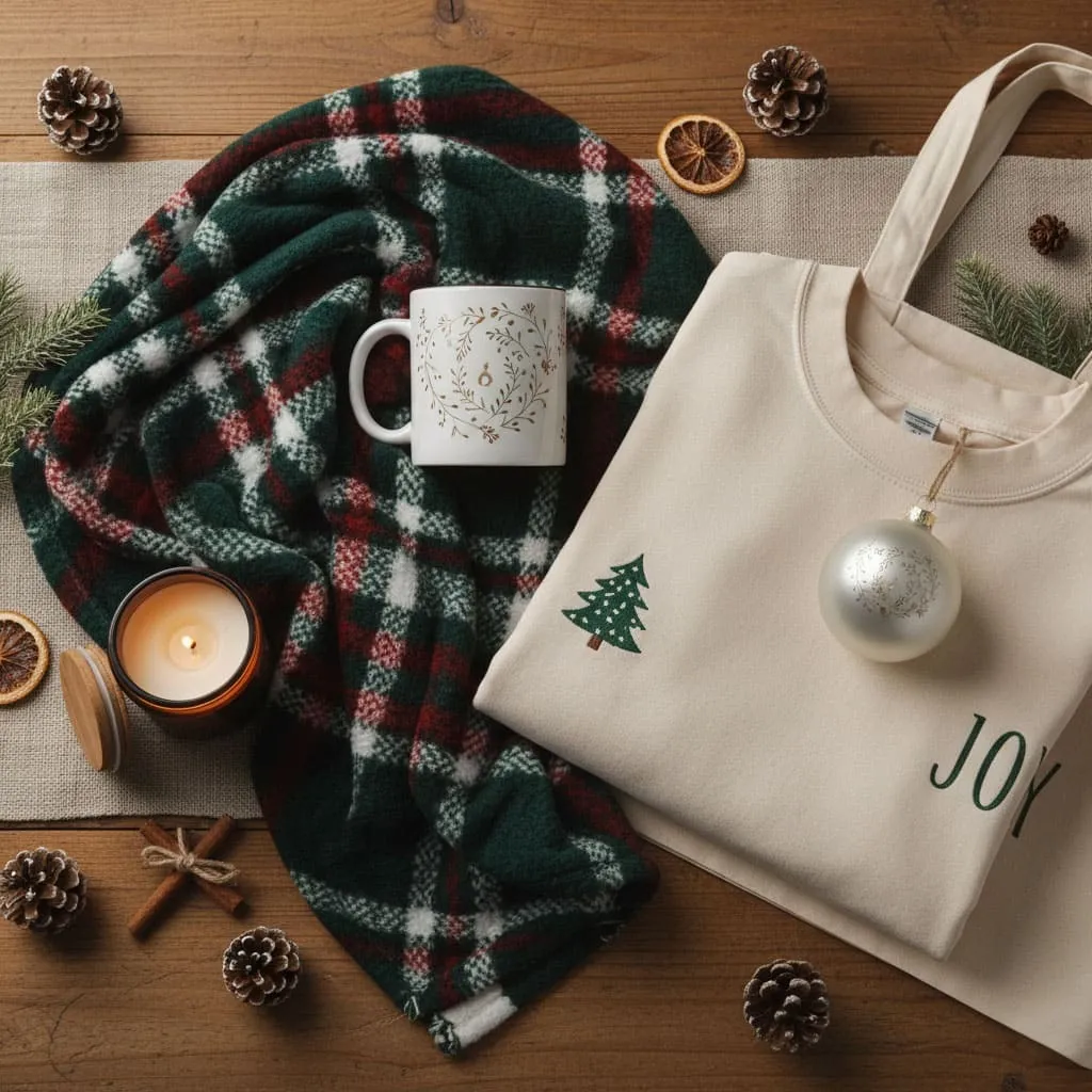 Holiday flat lay with blanket, mug, sweatshirt, and Christmas decorations — perfect example of personalized POD gift bundles.