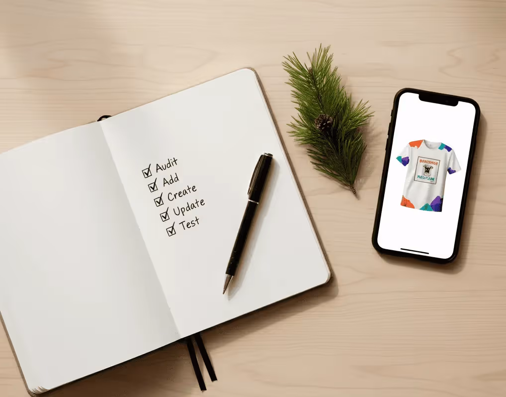 Notebook checklist next to a smartphone displaying a custom t-shirt design — visualizing product creation workflow for POD sellers.