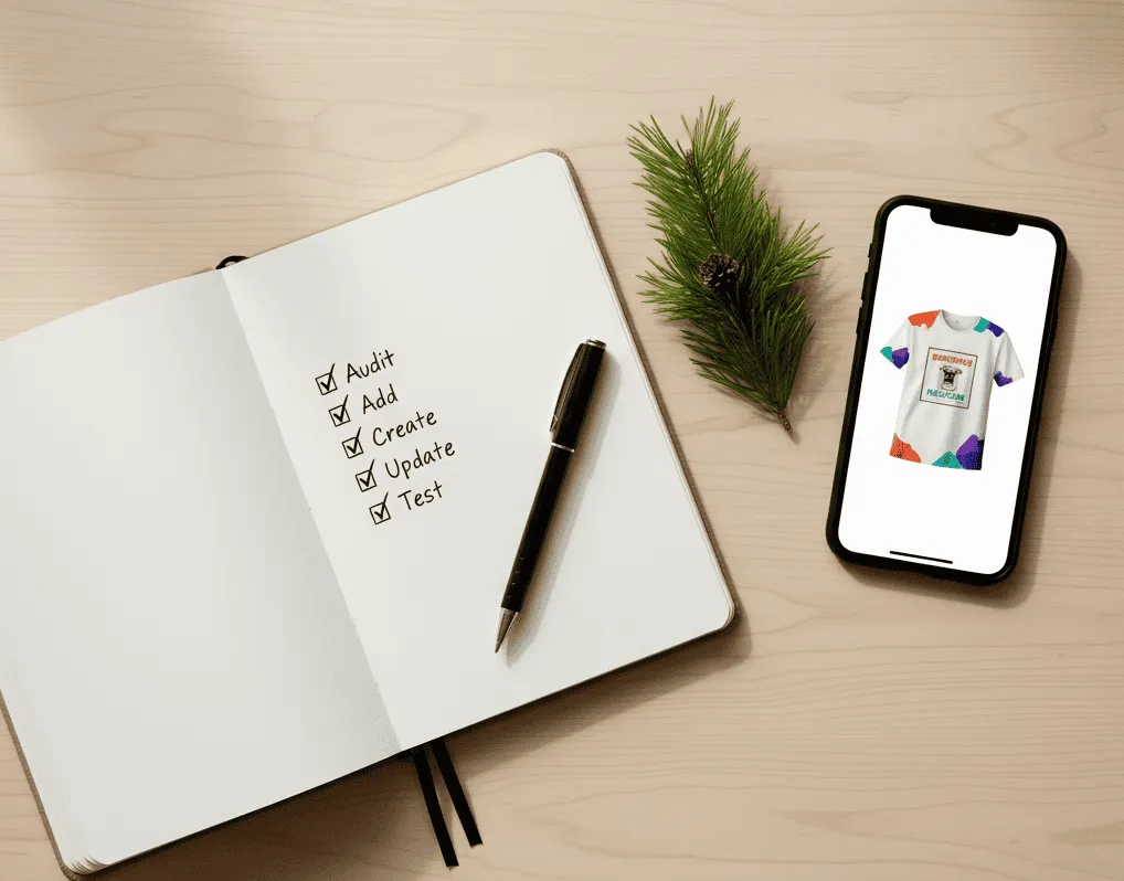 Notebook checklist next to a smartphone displaying a custom t-shirt design — visualizing product creation workflow for POD sellers.