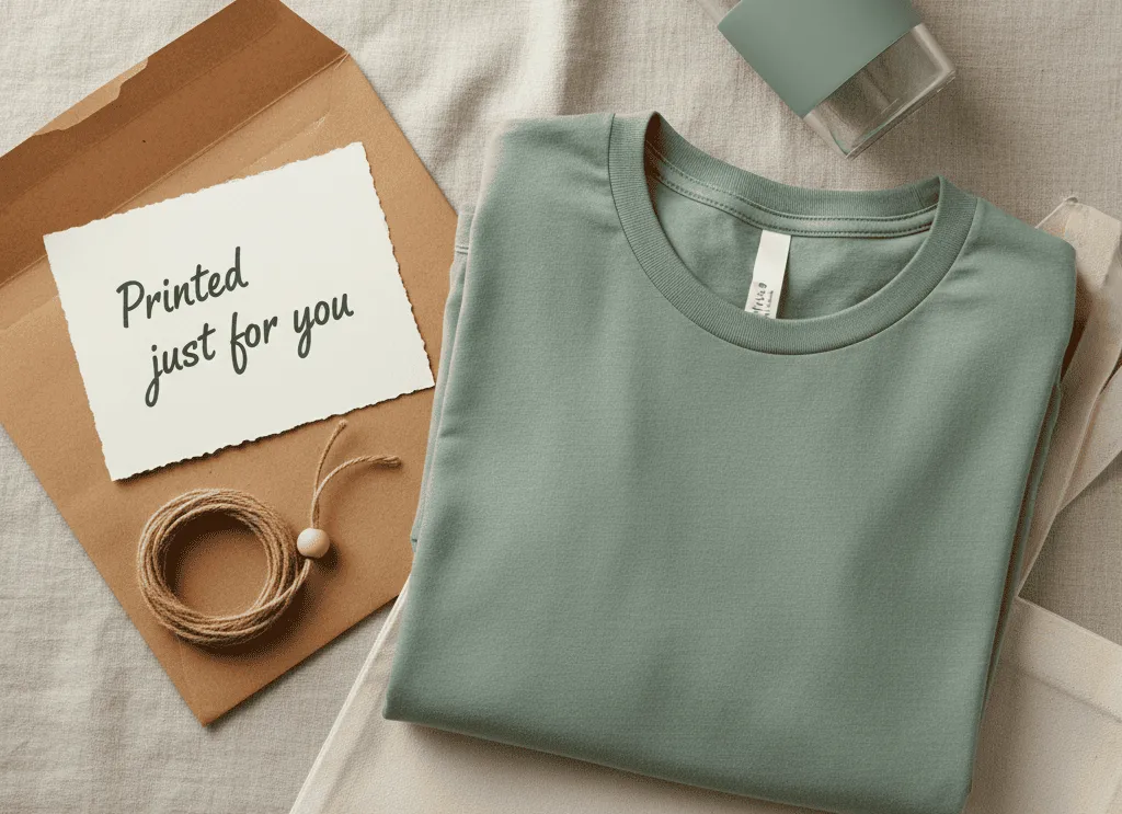 Folded green t-shirt with a card reading ‘Printed just for you’ — illustrating the personalized print-on-demand experience.