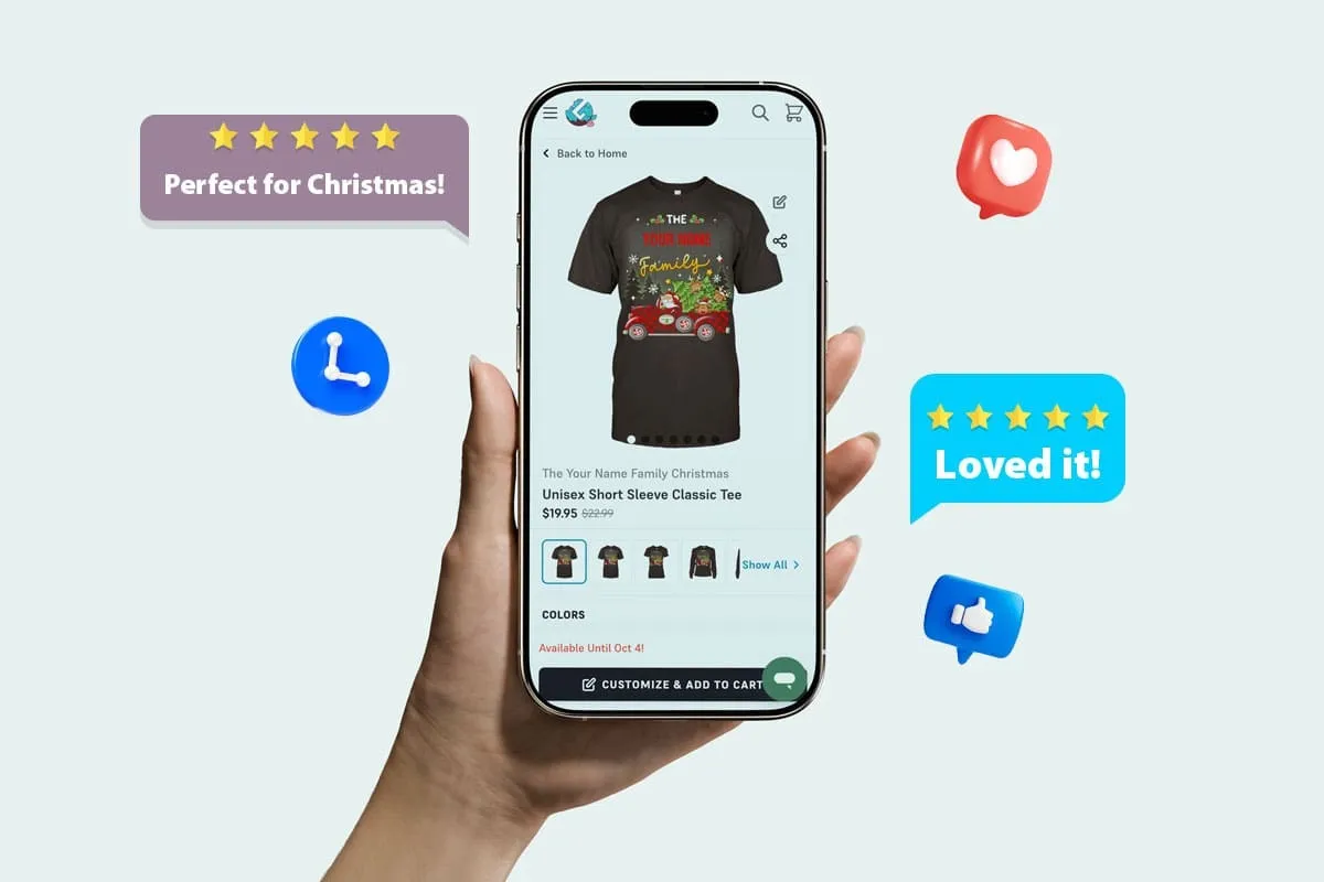 Customer review displayed on a smartphone for a Christmas-themed t-shirt with 5-star rating and feedback 'Perfect for Christmas!'