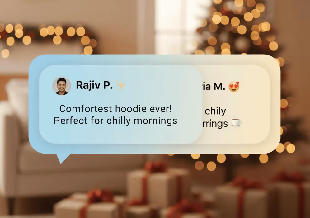Customer reviews on social media with glowing feedback for a hoodie, featuring a holiday setting in the background