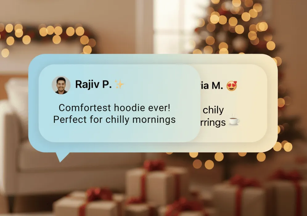 Customer reviews on social media with glowing feedback for a hoodie, featuring a holiday setting in the background