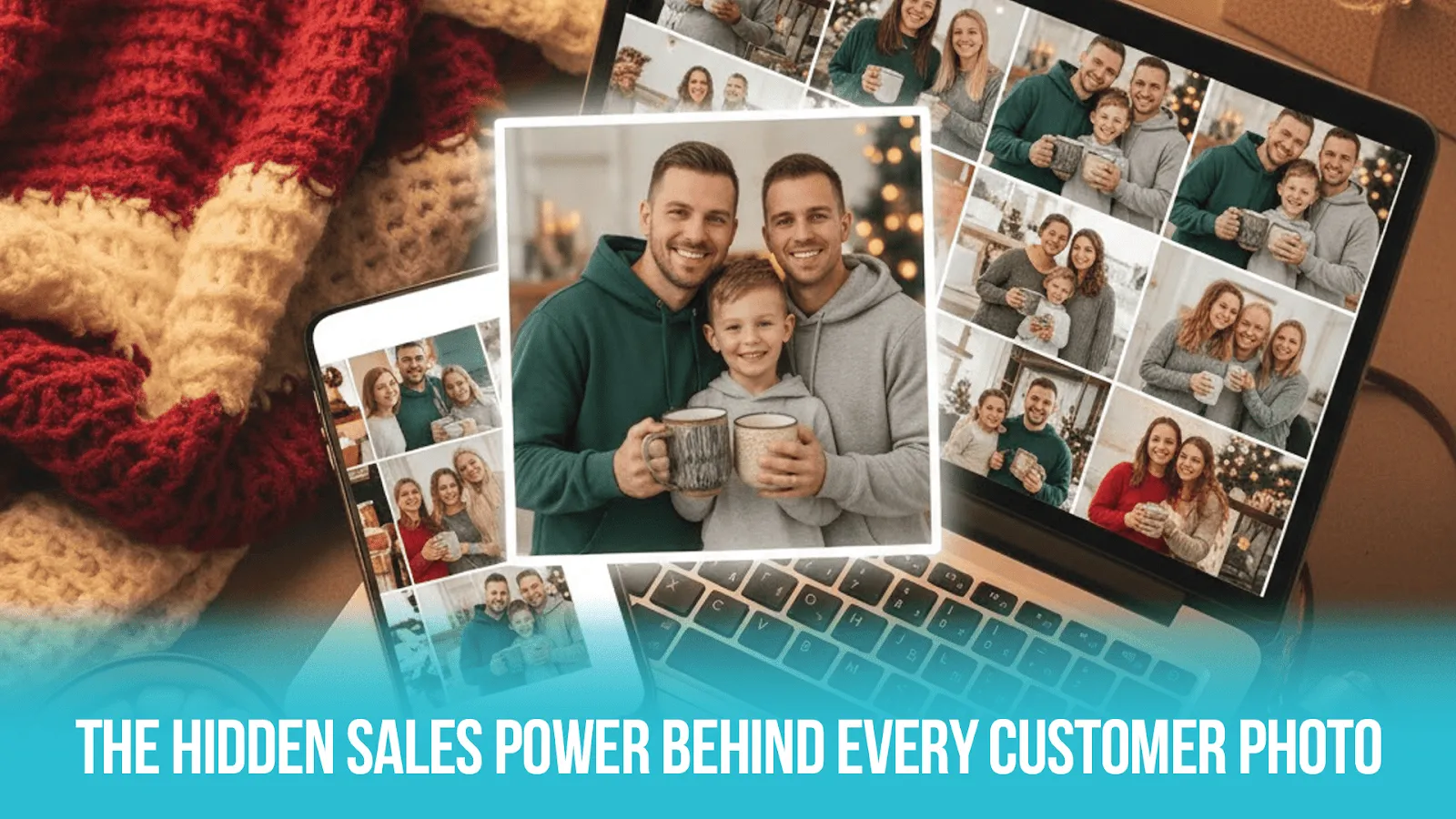 A laptop displaying customer photos enjoying their holiday-themed mugs, showing the power of social proof in marketing.