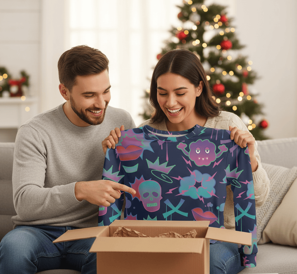 A couple unboxing a Christmas-themed gift, smiling while revealing a colorful printed sweatshirt.
