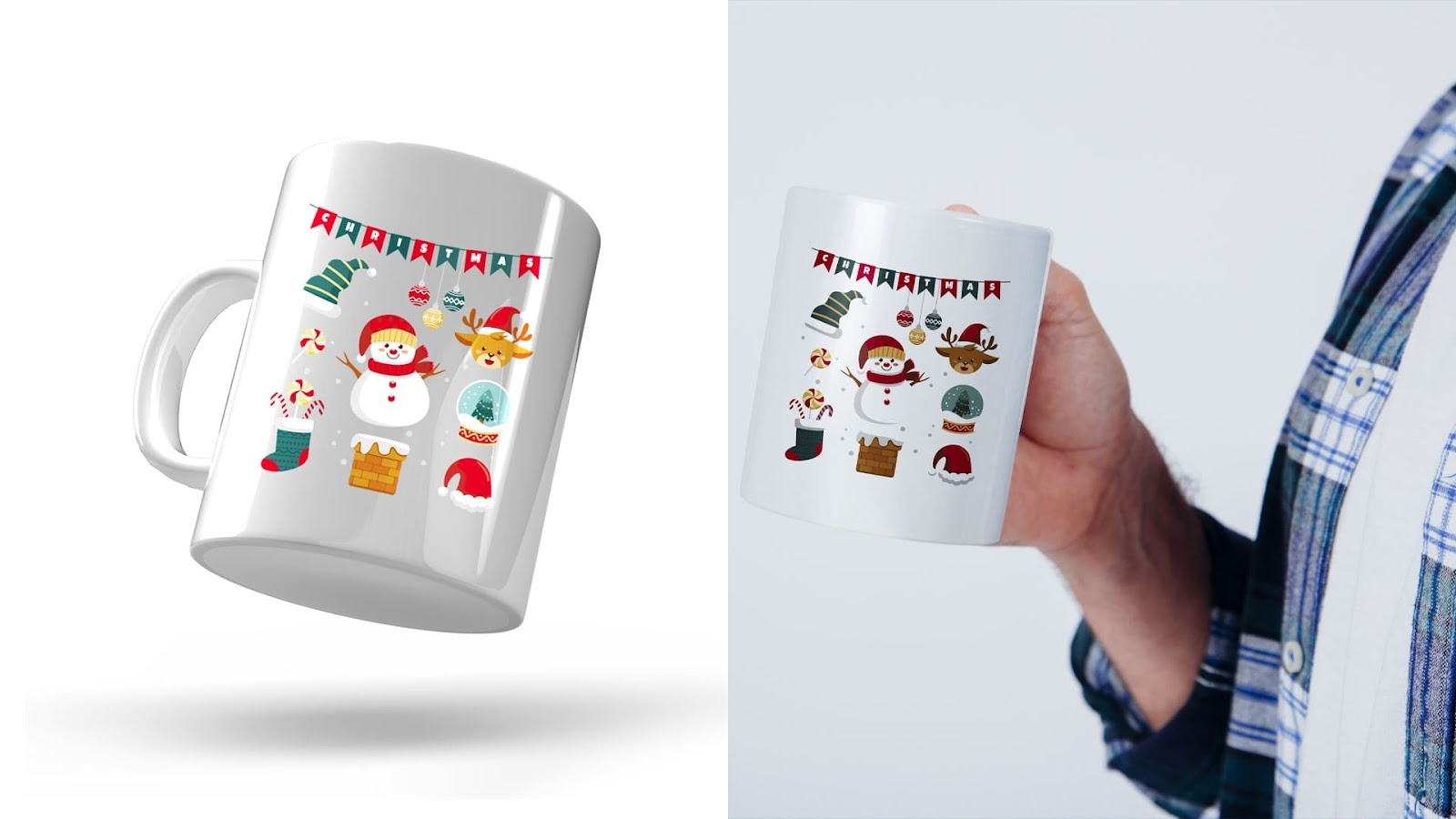 Christmas-themed mug featuring a snowman, reindeer, and festive ornaments, perfect for the holiday season.