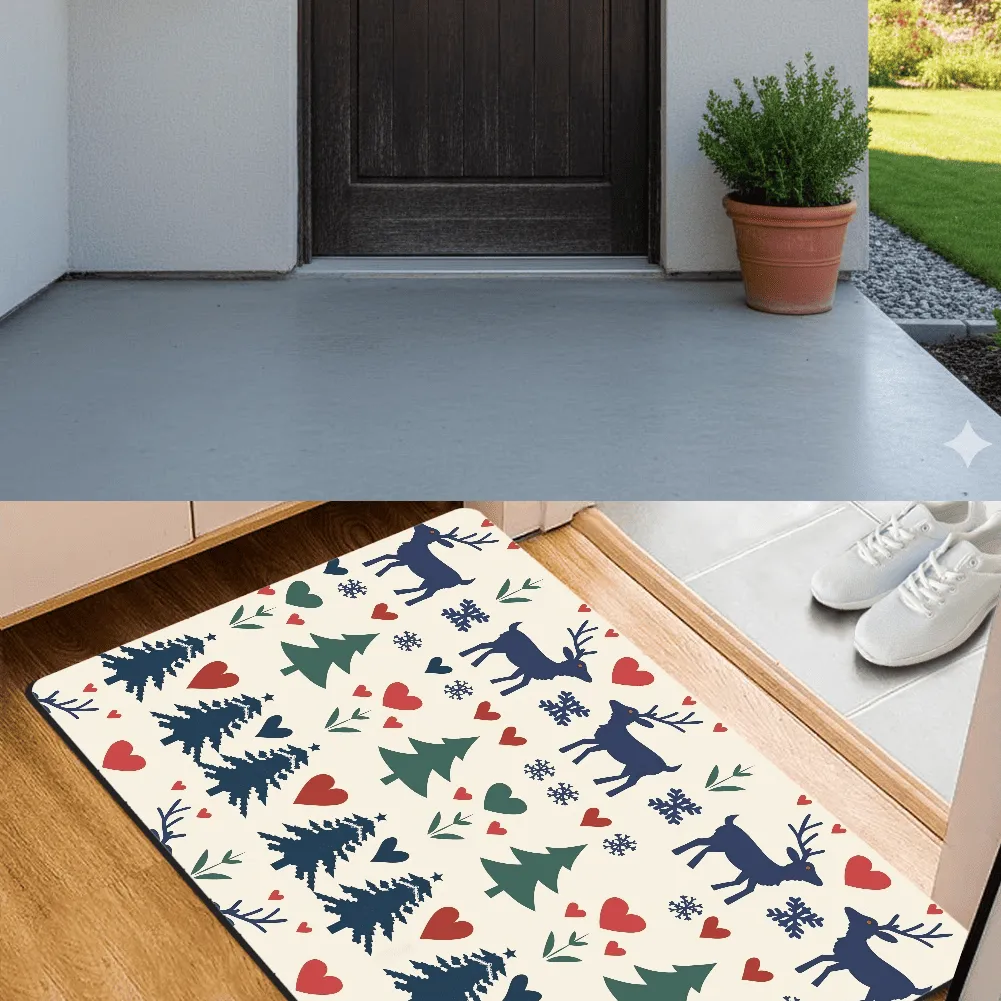 Before-and-after comparison showing plain doorway versus festive Christmas doormat with red hearts, trees, and reindeer — example of scroll-stopping product photo.