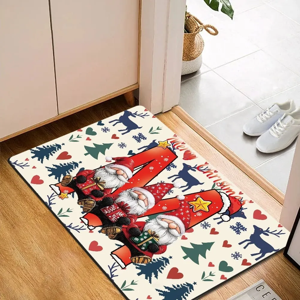 Colorful Christmas doormat with gnome design, reindeer and hearts pattern placed by a home entrance — example of lifestyle holiday decor product photo.
