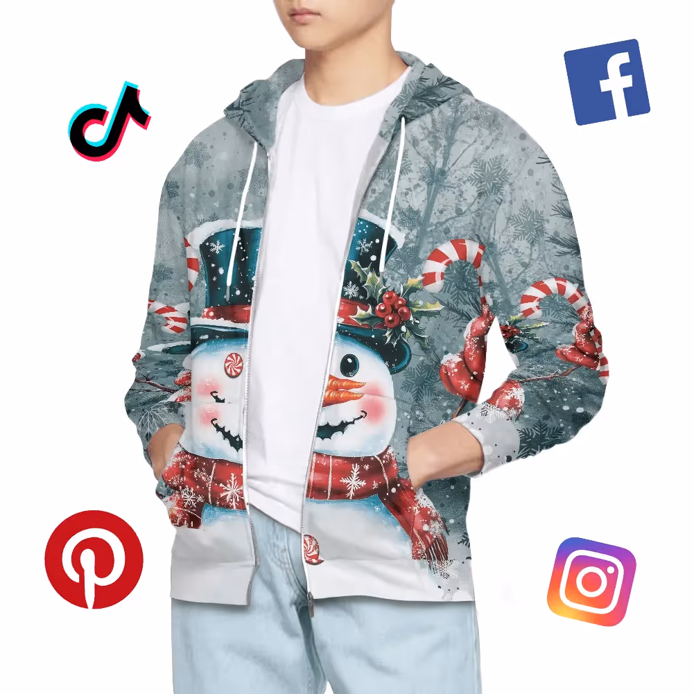 Holiday snowman hoodie mockup surrounded by TikTok, Facebook, Pinterest, and Instagram icons — showcasing cross-platform Q4 product marketing strategy.