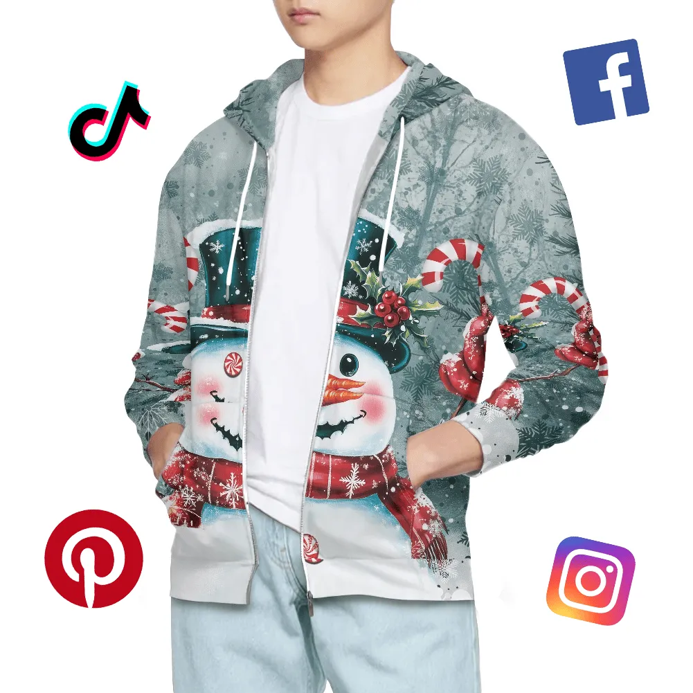 Holiday snowman hoodie mockup surrounded by TikTok, Facebook, Pinterest, and Instagram icons — showcasing cross-platform Q4 product marketing strategy.