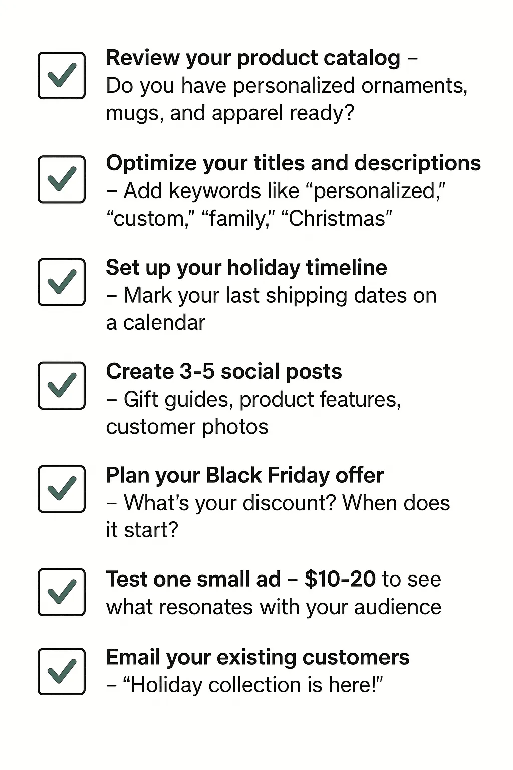 Holiday marketing checklist for print-on-demand sellers.