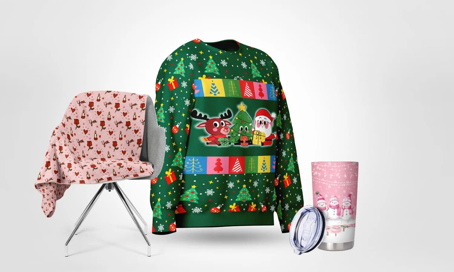 Custom print-on-demand products from GearLaunch — shirts, blankets, and tumblers