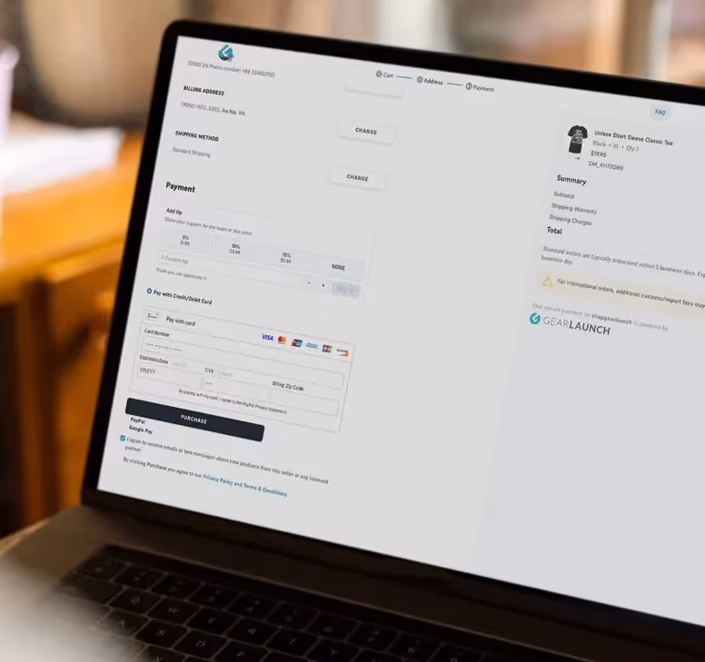 Mockup of an online checkout page showing tipping options and order details.