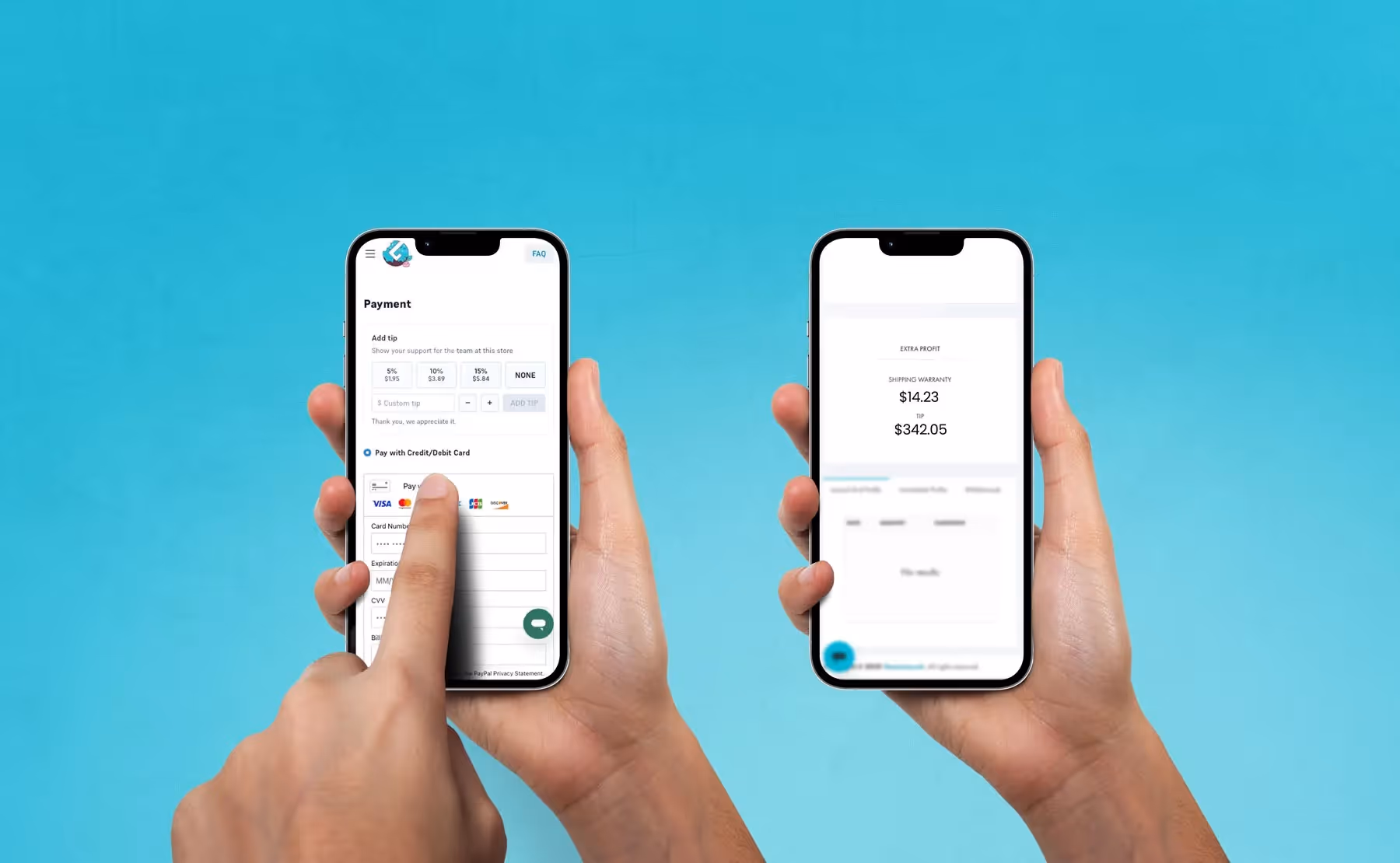 A customer holding a phone displaying a checkout screen with an “Add a tip” button highlighted.
