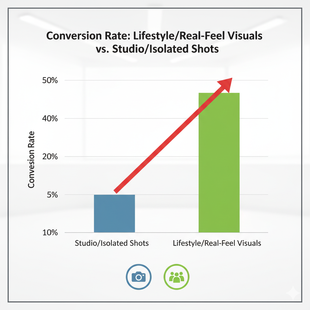 Chart showing higher conversion rates for real-feel and lifestyle product images.
