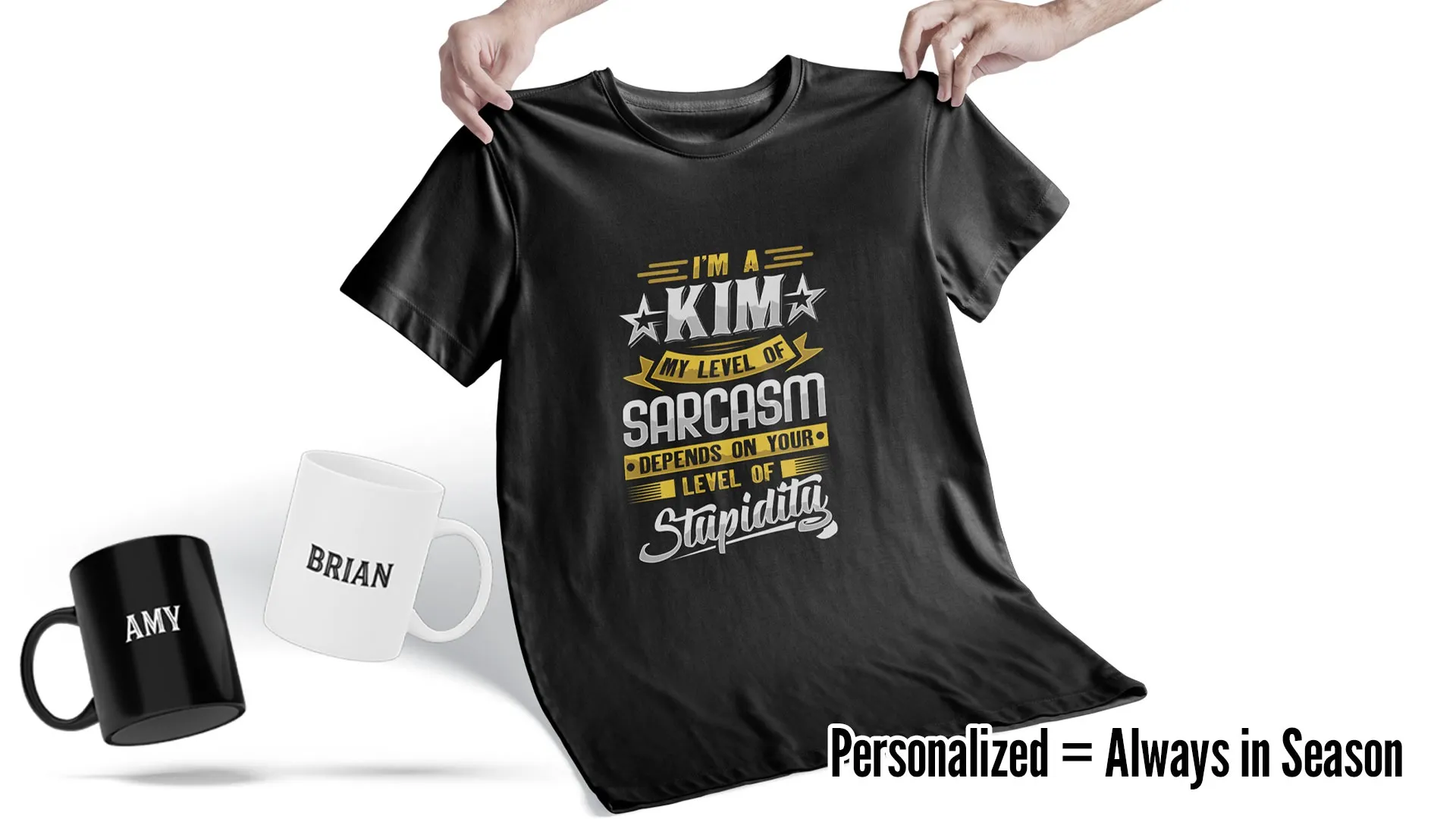 Trending personalized t-shirt for gifting, highlighting popular custom apparel with caption ‘Personalized = Always in Season.