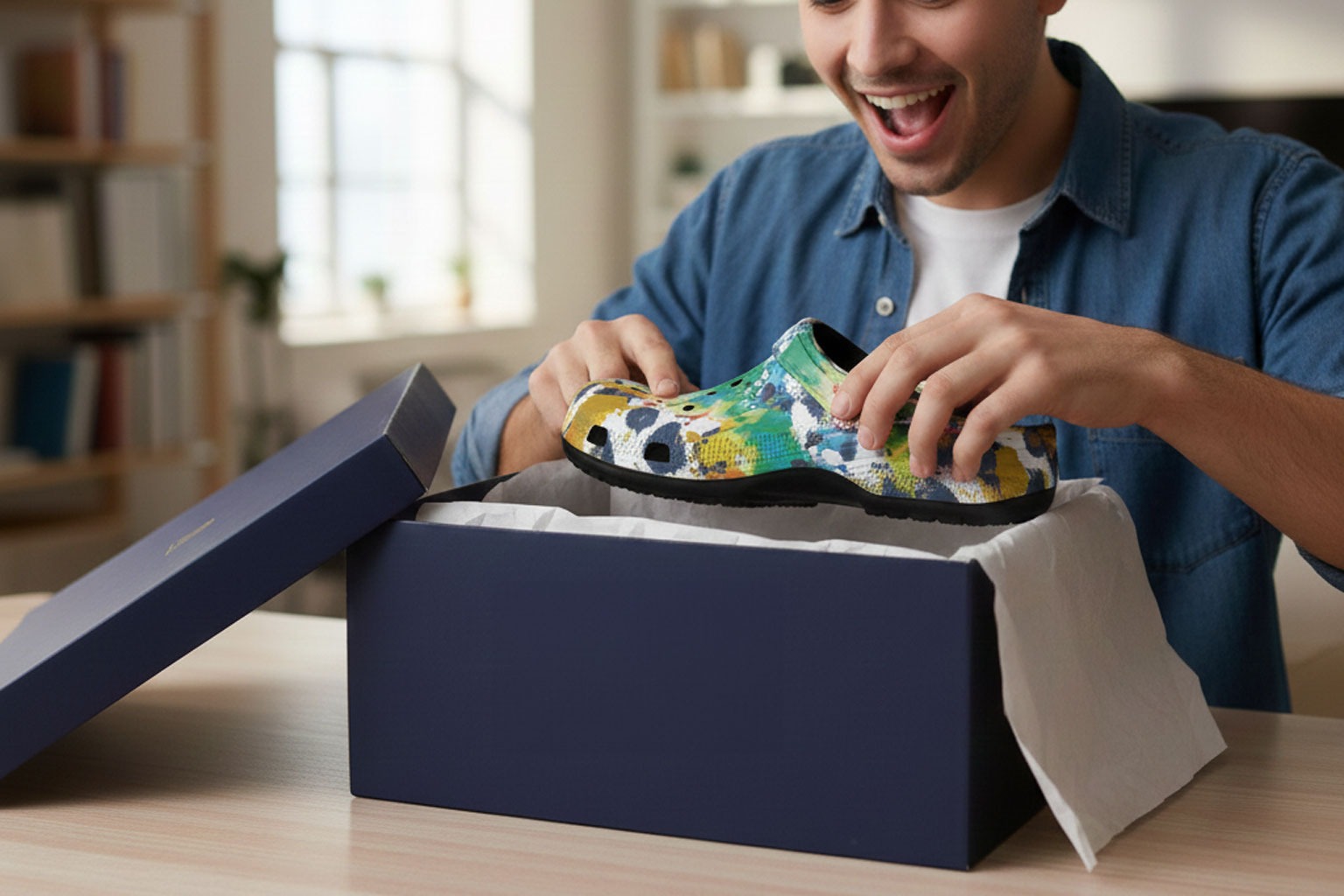 Customer unboxing personalized sneakers showcasing premium packaging and joyful reaction