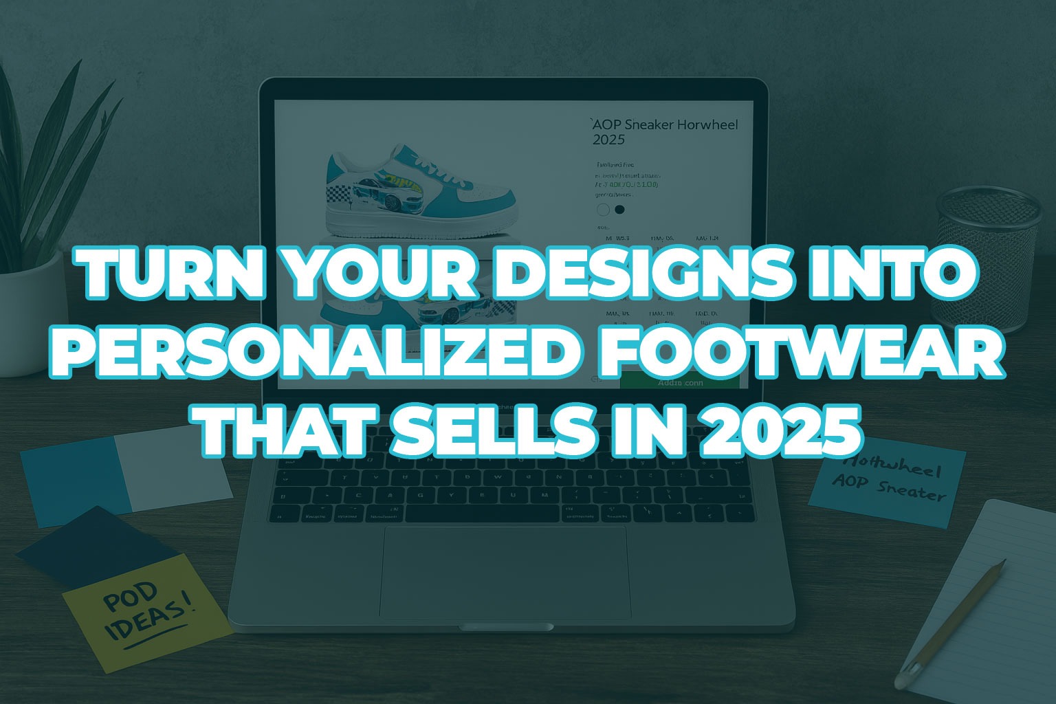 Seller workspace showcasing personalized footwear designs including custom canvas shoes, leather sneakers, and flip flops with GearLaunch dashboard on laptop