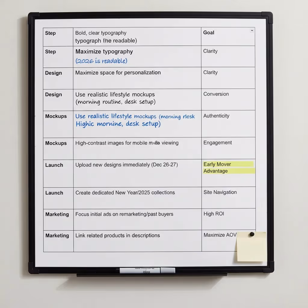 New Year selling checklist with actionable steps for design, mockups, and marketin