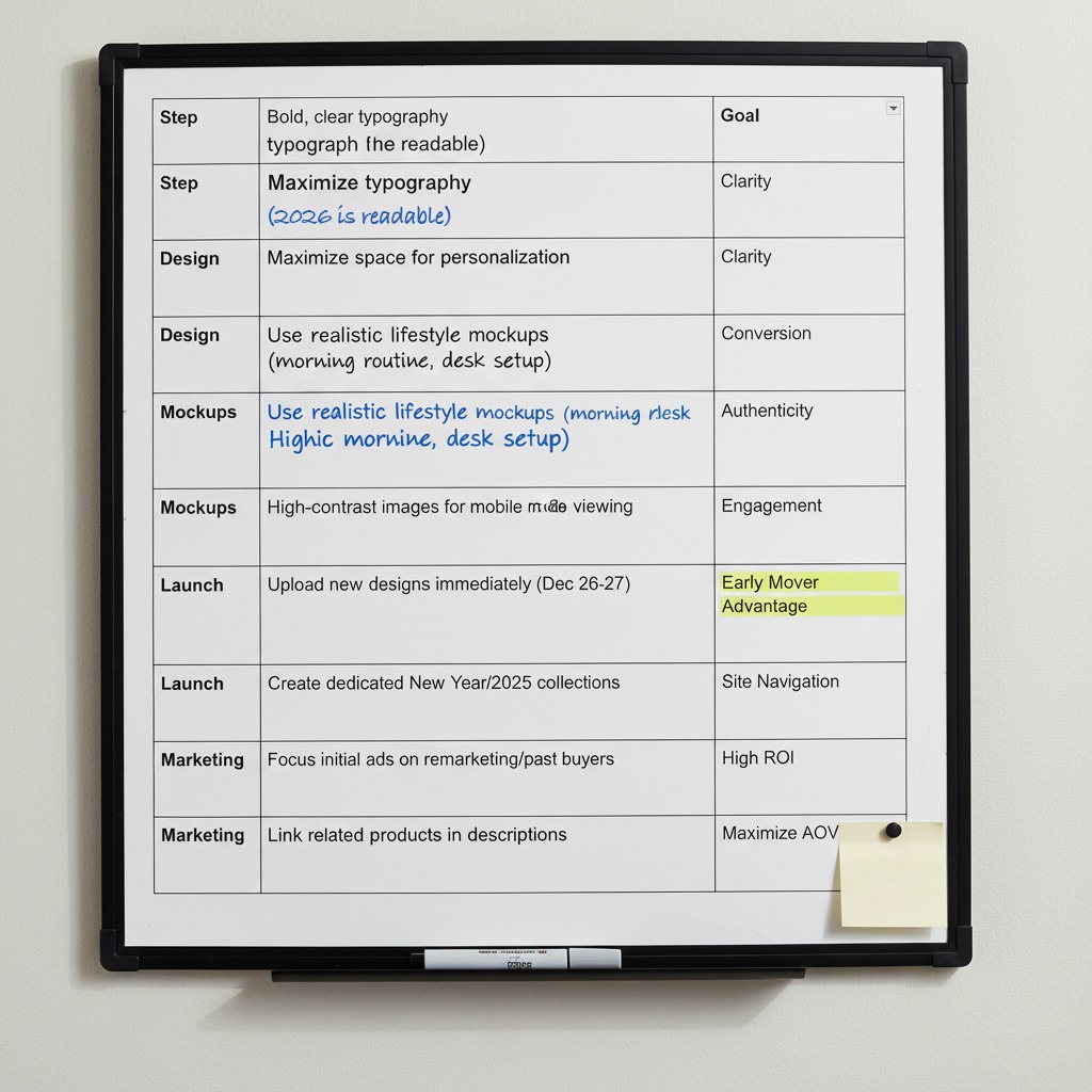 New Year selling checklist with actionable steps for design, mockups, and marketin