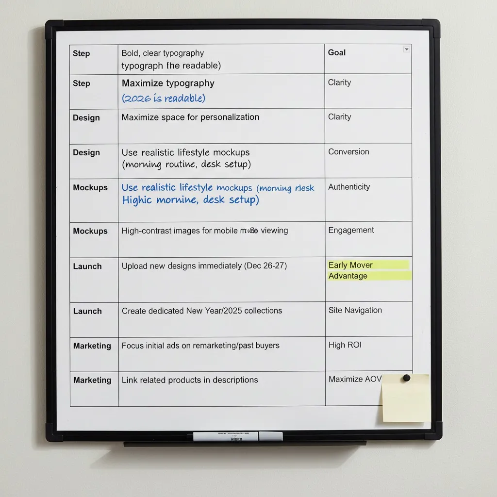 New Year selling checklist with actionable steps for design, mockups, and marketin