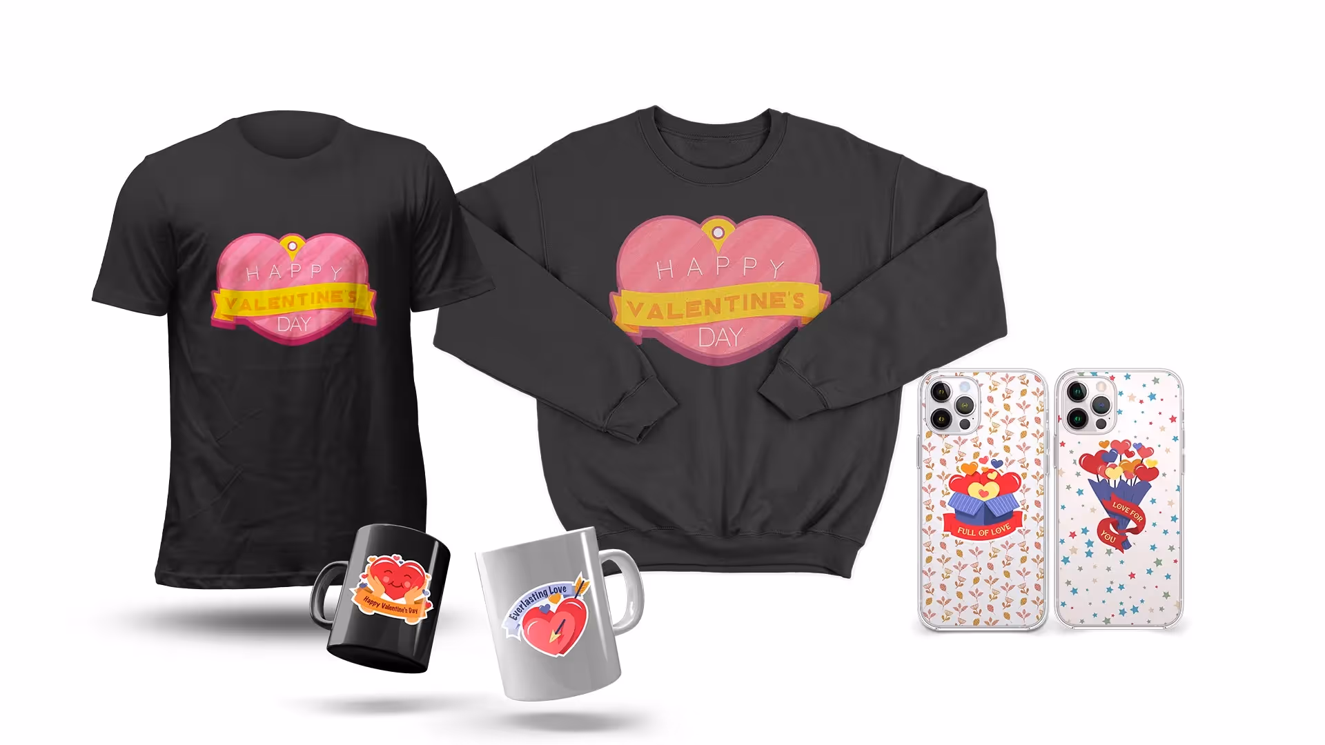 Collage of top-selling GearLaunch print on demand valentine's day products (mug, phone case, apparel).