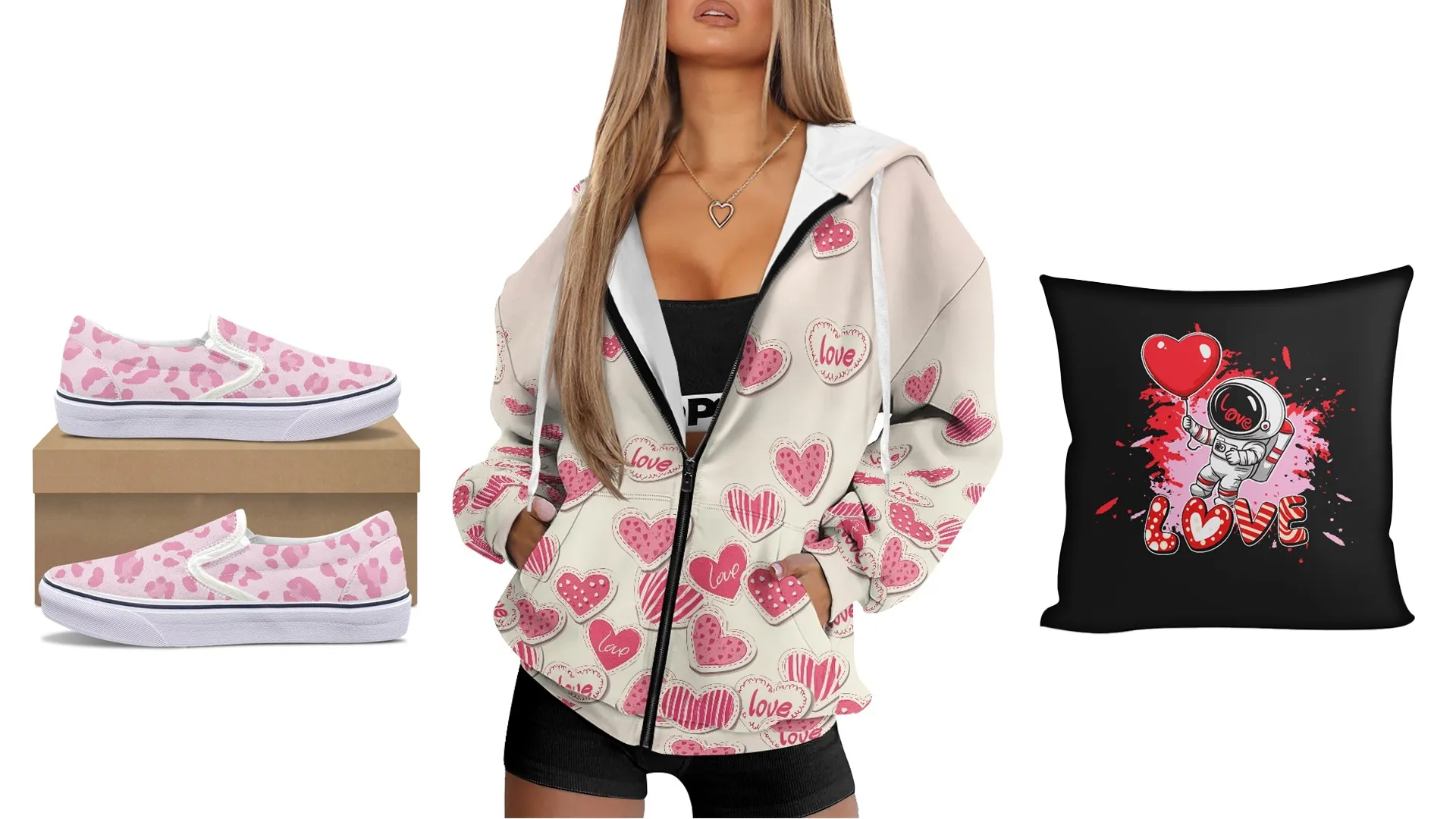 Mockups showing high-converting Valentine POD design samples (personalized mug, line-art pillow, photo blanket)