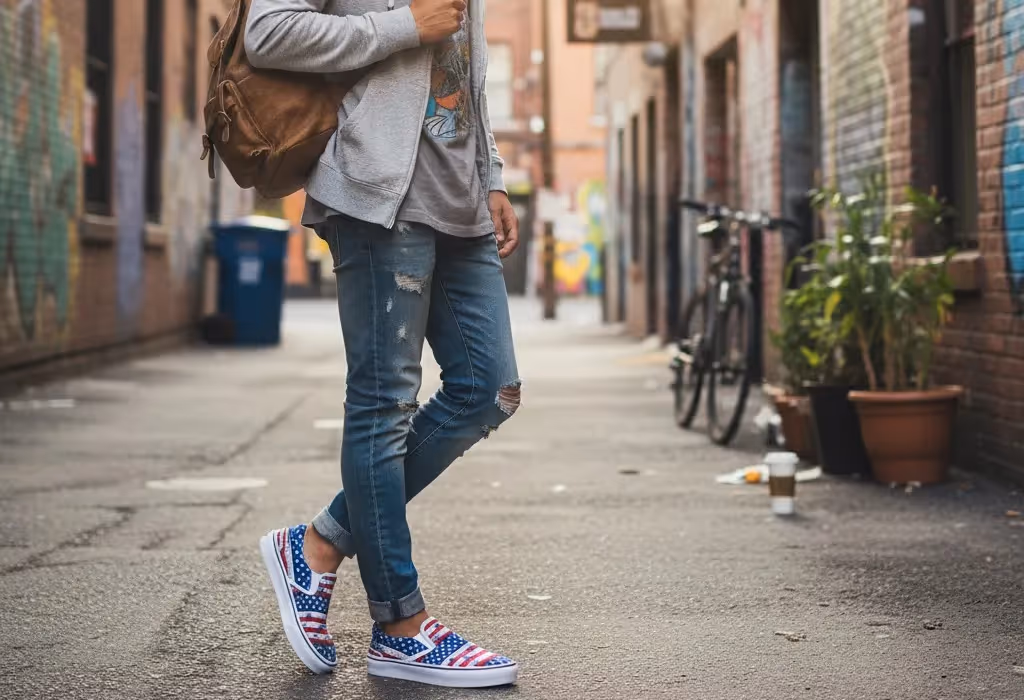 Young adults wearing personalized sneakers in urban lifestyle settings, highlighting target audience for custom footwear