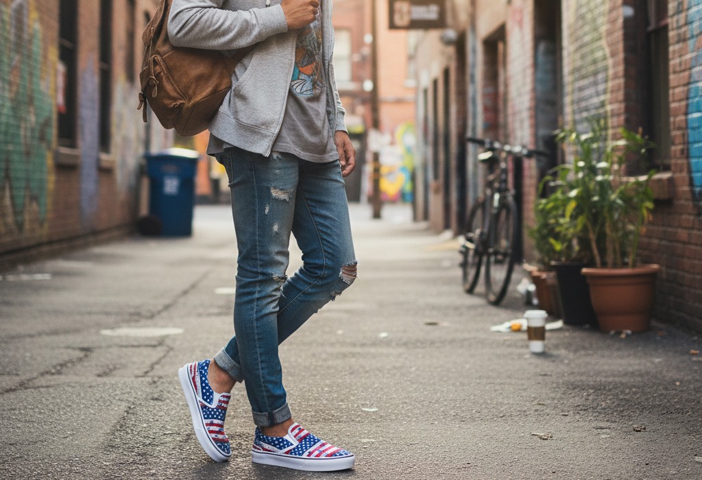 Young adults wearing personalized sneakers in urban lifestyle settings, highlighting target audience for custom footwear